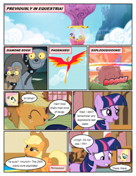 Size: 612x792 | Tagged: safe, artist:newbiespud, edit, edited screencap, screencap, character:applejack, character:fluttershy, character:philomena, character:rover, character:spike, character:twilight sparkle, character:twilight sparkle (unicorn), species:dragon, species:earth pony, species:pegasus, species:phoenix, species:pony, species:unicorn, comic:friendship is dragons, episode:a bird in the hoof, g4, my little pony: friendship is magic, canterlot, clothing, comic, cowboy hat, dialogue, explosion, female, freckles, gritted teeth, hat, horn, hot air balloon, male, mare, onomatopoeia, open mouth, screencap comic, spot, transcript in description