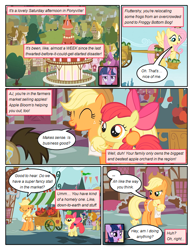 Size: 612x792 | Tagged: safe, artist:newbiespud, edit, edited screencap, screencap, character:apple bloom, character:applejack, character:bon bon, character:carrot top, character:doctor whooves, character:fluttershy, character:golden harvest, character:sweetie drops, character:time turner, character:twilight sparkle, character:twilight sparkle (unicorn), species:pony, species:unicorn, comic:friendship is dragons, apple, basket, bow, clothing, comic, dialogue, eyes closed, female, filly, flying, food, freckles, hair bow, harness, hat, male, mare, saddle bag, screencap comic, side hug, smiling, stallion, tack, transcript in description