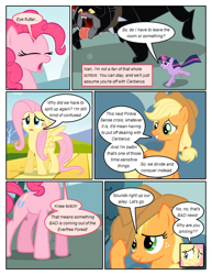 Size: 612x792 | Tagged: safe, artist:newbiespud, edit, edited screencap, screencap, character:applejack, character:fluttershy, character:pinkie pie, character:twilight sparkle, character:twilight sparkle (unicorn), species:pony, species:unicorn, comic:friendship is dragons, cerberus, clothing, comic, dialogue, eyes closed, female, freckles, glowing horn, hat, horn, mare, multiple heads, running, screencap comic, three heads