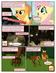 Size: 612x792 | Tagged: safe, artist:newbiespud, edit, edited screencap, screencap, character:fluttershy, character:granny smith, species:earth pony, species:pegasus, species:pony, comic:friendship is dragons, clothing, comic, dialogue, exclamation point, eyes closed, female, freckles, glowing eyes, hat, headscarf, howling, implied pinkie pie, interrobang, mare, marionette, offscreen character, question mark, roar, scarf, screencap comic, surprised, timber wolf, young granny smith, younger