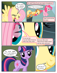 Size: 612x792 | Tagged: safe, artist:newbiespud, edit, edited screencap, screencap, character:fluttershy, character:pinkie pie, character:twilight sparkle, character:twilight sparkle (unicorn), species:earth pony, species:pegasus, species:pony, species:unicorn, comic:friendship is dragons, cliff, clothing, comic, dialogue, eye reflection, eyes closed, female, freckles, hat, mare, mouth hold, raised hoof, reflection, screencap comic, smiling