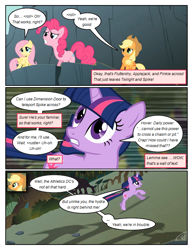 Size: 612x792 | Tagged: safe, artist:newbiespud, edit, edited screencap, screencap, character:fluttershy, character:pinkie pie, character:twilight sparkle, character:twilight sparkle (unicorn), species:earth pony, species:pegasus, species:pony, species:unicorn, comic:friendship is dragons, cliff, clothing, comic, dialogue, female, hat, hydra, looking up, mare, multiple heads, running, screencap comic, shadow, worried
