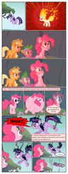 Size: 612x1556 | Tagged: safe, artist:newbiespud, edit, edited screencap, screencap, character:applejack, character:pinkie pie, character:spike, character:twilight sparkle, character:twilight sparkle (unicorn), species:dragon, species:earth pony, species:pony, species:unicorn, comic:friendship is dragons, episode:feeling pinkie keen, g4, my little pony: friendship is magic, angry, burnt, clothing, comic, dialogue, female, floating, freckles, hat, looking up, male, mane of fire, mare, onomatopoeia, rapidash twilight, screencap comic, slit eyes, tree