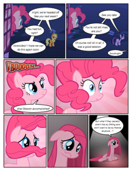 Size: 612x792 | Tagged: safe, artist:newbiespud, edit, edited screencap, screencap, character:applejack, character:pinkamena diane pie, character:pinkie pie, character:twilight sparkle, character:twilight sparkle (unicorn), species:earth pony, species:pony, species:unicorn, comic:friendship is dragons, episode:party of one, g4, my little pony: friendship is magic, clothing, comic, dialogue, female, floppy ears, hat, hooves, horn, looking back, mare, onomatopoeia, sad, screencap comic
