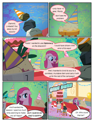 Size: 612x792 | Tagged: safe, artist:newbiespud, edit, edited screencap, screencap, character:pinkamena diane pie, character:pinkie pie, species:earth pony, species:pony, comic:friendship is dragons, episode:party of one, g4, my little pony: friendship is magic, annoyed, balloon, cake, clothing, comic, dialogue, female, floppy ears, food, grin, hat, hooves, insanity, mare, mr. turnip, onomatopoeia, open mouth, party hat, rocky, screencap comic, sir lintsalot, smiling, solo, stool