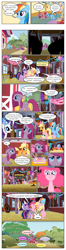 Size: 612x2320 | Tagged: safe, artist:newbiespud, edit, edited screencap, screencap, character:applejack, character:fluttershy, character:gummy, character:pinkamena diane pie, character:pinkie pie, character:rainbow dash, character:rarity, character:twilight sparkle, character:twilight sparkle (unicorn), species:earth pony, species:pegasus, species:pony, species:unicorn, comic:friendship is dragons, episode:party of one, g4, my little pony: friendship is magic, angry, balloon, barn, cake, clothing, comic, confetti, dialogue, female, food, freckles, frown, group hug, happy, hat, hug, mane six, mare, mouth hold, party hat, party horn, pitchfork, present, sad, screencap comic, smiling, suspicious, tail, tail pull, tree