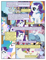 Size: 612x792 | Tagged: safe, artist:newbiespud, edit, edited screencap, screencap, character:opalescence, character:princess celestia, character:rarity, species:alicorn, species:pony, species:unicorn, comic:friendship is dragons, canterlot, cat, comic, dialogue, female, grin, mare, mirror, mountain, raised hoof, screencap comic, smiling, suitcase