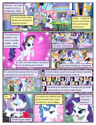 Size: 612x792 | Tagged: safe, artist:newbiespud, edit, edited screencap, screencap, character:derpy hooves, character:fancypants, character:photo finish, character:rarity, character:sapphire shores, character:upper crust, species:earth pony, species:pony, species:unicorn, comic:friendship is dragons, background pony, background pony audience, bow tie, clothing, comic, dialogue, dress, element of generosity, eyes closed, female, glowing horn, hat, horn, magic, male, mare, necktie, open mouth, screencap comic, stallion, suit, sun hat, sunglasses, telekinesis, top hat