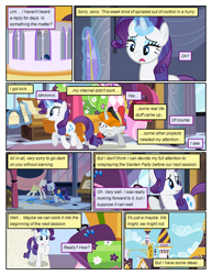 Size: 612x792 | Tagged: safe, artist:newbiespud, edit, edited screencap, screencap, character:rarity, character:welcome inn, species:pony, species:unicorn, comic:friendship is dragons, bags valet, comic, dialogue, female, glowing horn, horn, magic, mail, male, mannequin, mare, quill, raised hoof, sad, screencap comic, stallion, suitcase, telekinesis, thinking
