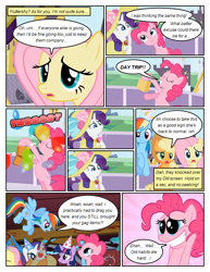 Size: 612x792 | Tagged: safe, artist:newbiespud, edit, edited screencap, screencap, character:applejack, character:fluttershy, character:pinkie pie, character:rainbow dash, character:rarity, character:twilight sparkle, character:twilight sparkle (unicorn), species:earth pony, species:pegasus, species:pony, species:unicorn, comic:friendship is dragons, balloon, clothing, comic, d:, dialogue, dress, female, flying, freckles, grin, hat, jewelry, looking down, looking up, mane six, mare, necklace, onomatopoeia, open mouth, party hat, rearing, screencap comic, smiling, suitcase, sun hat