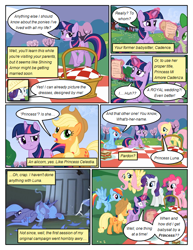 Size: 612x792 | Tagged: safe, artist:newbiespud, edit, edited screencap, screencap, character:applejack, character:fluttershy, character:pinkie pie, character:princess luna, character:rainbow dash, character:rarity, character:spike, character:twilight sparkle, character:twilight sparkle (unicorn), species:dragon, species:earth pony, species:pegasus, species:pony, species:unicorn, comic:friendship is dragons, basket, clothing, comic, dialogue, eyes closed, female, flying, glowing horn, hat, hoof shoes, horn, implied princess cadance, looking back, magic, male, mane seven, mane six, mare, picnic, picnic basket, picnic blanket, s1 luna, screencap comic, scroll, slit eyes, sun hat, surprised, telekinesis, tree, wide eyes