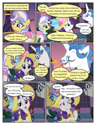 Size: 612x792 | Tagged: safe, artist:newbiespud, edit, edited screencap, screencap, character:fancypants, character:rarity, character:upper crust, species:pony, species:unicorn, comic:friendship is dragons, clothing, comic, dialogue, dress, ear piercing, eyes closed, female, hat, jewelry, male, mare, monocle, necklace, pearl necklace, piercing, raised hoof, screencap comic, stallion, suit, sun hat