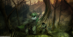 Size: 1200x607 | Tagged: safe, artist:foxinshadow, oc, oc only, species:pegasus, species:pony, crepuscular rays, forest, plushie, raised hoof, scenery