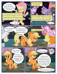 Size: 612x792 | Tagged: safe, artist:newbiespud, edit, edited screencap, screencap, character:applejack, character:fluttershy, character:rarity, species:bird, species:earth pony, species:pegasus, species:pony, species:unicorn, comic:friendship is dragons, annoyed, background pony, background pony audience, bird seed, bow tie, clothing, comic, dialogue, dress, eyes closed, female, flower, freckles, hat, looking up, lotus position, male, mare, meditation, mouth hold, mud, raised hoof, rose, screencap comic, stallion, sun hat, unamused