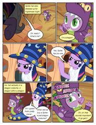 Size: 612x792 | Tagged: safe, artist:newbiespud, edit, edited screencap, screencap, character:spike, character:twilight sparkle, character:twilight sparkle (unicorn), species:dragon, species:pony, species:unicorn, comic:friendship is dragons, episode:luna eclipsed, g4, my little pony: friendship is magic, book, comic, dialogue, dragon costume, female, frown, golden oaks library, knocking, looking up, male, mare, onomatopoeia, raised hoof, screencap comic, shrug, slit eyes, stairs, star swirl the bearded costume