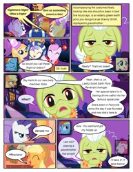 Size: 612x792 | Tagged: safe, artist:newbiespud, edit, edited screencap, screencap, character:alula, character:applejack, character:fluttershy, character:granny smith, character:noi, character:piña colada, character:pluto, character:rainbow dash, character:rarity, character:spike, species:dragon, species:earth pony, species:pegasus, species:pony, species:unicorn, comic:friendship is dragons, episode:luna eclipsed, g4, my little pony: friendship is magic, bags under eyes, book, clothing, comic, costume, dialogue, dragon costume, eyes closed, female, filly, golden oaks library, hat, ladybug, male, mare, nightmare night, scarf, screencap comic, slit eyes, smiling, space helmet, tired