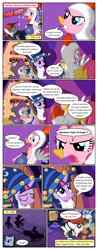 Size: 612x1556 | Tagged: safe, artist:newbiespud, edit, edited screencap, screencap, character:pinkie pie, character:pipsqueak, character:princess luna, character:spike, character:twilight sparkle, character:twilight sparkle (unicorn), species:alicorn, species:bat pony, species:dragon, species:pony, species:unicorn, comic:friendship is dragons, episode:luna eclipsed, g4, my little pony: friendship is magic, animal costume, bag, bandana, chariot, chicken pie, chicken suit, clothing, colt, comic, costume, dialogue, dragon costume, eyepatch, eyes closed, female, filly, frown, hat, looking up, male, mare, mouth hold, night, night guard, onomatopoeia, screencap comic, shadow, slit eyes, space helmet, star swirl the bearded costume, sword, transcript in description, weapon, wizard hat