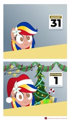 Size: 1491x2589 | Tagged: safe, artist:jhayarr23, oc, oc only, oc:pearl shine, species:pony, g4, calendar, christmas, christmas tree, clothing, descriptive noise, exploitable meme, female, flower, flower in hair, hat, holiday, looking at you, mare, meme, music notes, no catchlights, no pupils, philippines, santa hat, september, smiling, solo, spilled milk, tree, wide eyes
