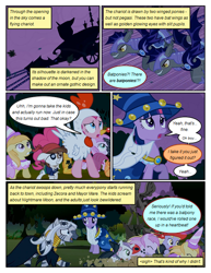 Size: 612x792 | Tagged: safe, artist:newbiespud, edit, edited screencap, screencap, character:noi, character:pinkie pie, character:pipsqueak, character:piña colada, character:princess luna, character:twilight sparkle, character:twilight sparkle (unicorn), character:zecora, species:alicorn, species:bat pony, species:earth pony, species:pegasus, species:pony, species:unicorn, species:zebra, comic:friendship is dragons, episode:luna eclipsed, g4, my little pony: friendship is magic, bandana, chariot, clothing, colt, comic, dialogue, ear piercing, earring, everfree forest, eyepatch, female, filly, flying, grin, hat, jewelry, looking up, male, mare, neck rings, necklace, night guard, piercing, quadrupedal, running, scared, screencap comic, slit eyes, smiling, spider, stallion, star swirl the bearded costume, wizard hat