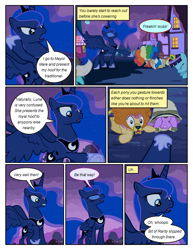 Size: 612x792 | Tagged: safe, artist:newbiespud, edit, edited screencap, screencap, character:mayor mare, character:princess luna, species:alicorn, species:earth pony, species:pony, comic:friendship is dragons, episode:luna eclipsed, g4, my little pony: friendship is magic, all fours, background pony, bowing, clown, clown nose, comic, dialogue, ethereal mane, eyes closed, female, female pov, galaxy mane, helmet, hoof shoes, horned helmet, implied rarity, mare, offscreen character, pov, raised hoof, red nose, scared, screencap comic, viking helmet