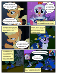 Size: 612x792 | Tagged: safe, artist:newbiespud, edit, edited screencap, screencap, character:applejack, character:nightmare moon, character:pinkie pie, character:princess luna, character:rainbow dash, character:twilight sparkle, character:twilight sparkle (unicorn), species:alicorn, species:earth pony, species:pegasus, species:pony, species:unicorn, comic:friendship is dragons, episode:luna eclipsed, g4, my little pony: friendship is magic, animal costume, bowl, candy, chicken pie, chicken suit, clothing, comic, costume, dialogue, ethereal mane, fake beard, female, food, freckles, frown, galaxy mane, goggles, grin, hat, hoof shoes, mare, prone, raised hoof, rearing, sad, screencap comic, shadowbolt dash, shadowbolts, shadowbolts costume, smiling, star swirl the bearded costume, statue, wizard hat