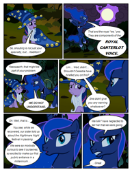 Size: 612x792 | Tagged: safe, artist:newbiespud, edit, edited screencap, screencap, character:princess luna, character:twilight sparkle, character:twilight sparkle (unicorn), species:alicorn, species:pony, species:unicorn, comic:friendship is dragons, episode:luna eclipsed, g4, my little pony: friendship is magic, cloak, clothing, cloud, comic, dialogue, ethereal mane, fake beard, female, flying, forest, full moon, galaxy mane, hat, hoof shoes, mare, moon, raised hoof, screencap comic, star swirl the bearded costume, traditional royal canterlot voice, wizard hat, worried