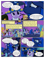 Size: 612x792 | Tagged: safe, artist:newbiespud, edit, edited screencap, screencap, character:berry punch, character:berryshine, character:cherry berry, character:cloud kicker, character:derpy hooves, character:princess luna, character:raven inkwell, character:twilight sparkle, character:twilight sparkle (unicorn), species:alicorn, species:earth pony, species:pegasus, species:pony, species:unicorn, comic:friendship is dragons, episode:luna eclipsed, g4, my little pony: friendship is magic, animal costume, background pony, bee costume, bowing, cloak, clothing, comic, costume, devil horns, dialogue, eyes closed, fake beard, female, frown, hat, male, mare, pith helmet, rearing, sad, screencap comic, smiling, stallion, star swirl the bearded costume, wizard hat