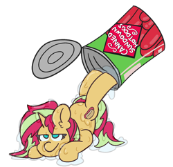 Size: 1600x1550 | Tagged: safe, artist:threetwotwo32232, character:sunset shimmer, species:pony, species:unicorn, alternate cutie mark, can, female, food, hot dog, looking at you, mare, meat, sausage, slime