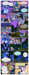 Size: 612x1556 | Tagged: safe, artist:newbiespud, edit, edited screencap, screencap, character:alula, character:apple bloom, character:applejack, character:dinky hooves, character:goldengrape, character:mayor mare, character:nightmare moon, character:noi, character:piña colada, character:pluto, character:princess luna, character:scootaloo, character:spike, character:sweetie belle, character:twilight sparkle, character:twilight sparkle (unicorn), character:zecora, species:alicorn, species:dragon, species:earth pony, species:pegasus, species:pony, species:unicorn, species:zebra, comic:friendship is dragons, episode:luna eclipsed, g4, my little pony: friendship is magic, bandana, candy, cloak, clothing, clown, clown nose, colt, comic, cutie mark crusaders, dialogue, disguise, dragon costume, ethereal mane, eyepatch, fake beard, fake fangs, female, filly, food, freckles, galaxy mane, glasses, glowing eyes, grin, hat, hoof shoes, ladybug, looking down, male, mare, mouth hold, raised hoof, rearing, red nose, running, scarecrow, scared, screencap comic, smiling, space helmet, stallion, star swirl the bearded costume, wizard hat