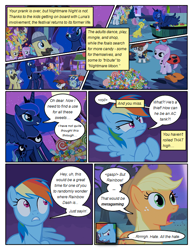 Size: 612x792 | Tagged: safe, artist:newbiespud, edit, edited screencap, screencap, character:alula, character:applejack, character:carrot cake, character:noi, character:pipsqueak, character:piña colada, character:pluto, character:princess luna, character:rainbow dash, character:sunshower raindrops, species:alicorn, species:earth pony, species:pegasus, species:pony, species:unicorn, comic:friendship is dragons, episode:luna eclipsed, g4, my little pony: friendship is magic, annoyed, apple, background pony, bag, bandage, bandana, candy, clothing, colt, comic, d:, dialogue, ethereal mane, eyepatch, eyes closed, female, filly, food, freckles, full moon, galaxy mane, grin, hat, helmet, horned helmet, ladybug, male, mare, moon, mummy costume, night, open mouth, screencap comic, smiling, space helmet, stallion, stars, viking helmet, wide eyes