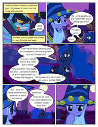 Size: 612x792 | Tagged: safe, artist:newbiespud, edit, edited screencap, screencap, character:princess luna, character:rainbow dash, character:twilight sparkle, character:twilight sparkle (unicorn), species:alicorn, species:pegasus, species:pony, species:unicorn, comic:friendship is dragons, episode:luna eclipsed, g4, my little pony: friendship is magic, cloak, clothing, comic, costume, dialogue, ethereal mane, fake beard, full moon, galaxy mane, goggles, hat, implied rarity, moon, night, sad, screencap comic, shadowbolt dash, shadowbolts, shadowbolts costume, star swirl the bearded costume, stars, thinking, tongue out, wizard hat
