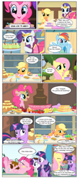 Size: 800x1800 | Tagged: safe, artist:newbiespud, artist:r4nd0m745k, edit, edited screencap, screencap, character:applejack, character:fluttershy, character:pinkie pie, character:rainbow dash, character:rarity, character:twilight sparkle, character:twilight sparkle (unicorn), species:earth pony, species:pegasus, species:pony, species:unicorn, comic:friendship is dragons, apple, chocolate fountain, clothing, collaboration, comic, cup, dialogue, dress, eyes closed, female, food, food baby, frown, jewelry, mane six, mare, messy eating, neckerchief, on back, pastry, raised hoof, sandwich, screencap comic, sweat, teacup, tiara