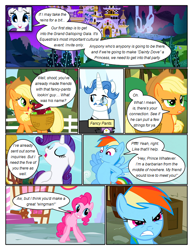 Size: 612x792 | Tagged: safe, artist:newbiespud, edit, edited screencap, screencap, character:applejack, character:fancypants, character:pinkie pie, character:rainbow dash, species:earth pony, species:pegasus, species:pony, species:unicorn, comic:friendship is dragons, angry, apple, bipedal, bow tie, canterlot, clothing, comic, dialogue, eyes closed, female, food, freckles, gritted teeth, hat, male, mare, monocle, saddle basket, screencap comic, smiling, stallion, suit, tree