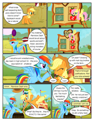 Size: 612x792 | Tagged: safe, artist:newbiespud, edit, edited screencap, screencap, character:applejack, character:fluttershy, character:rainbow dash, species:earth pony, species:pegasus, species:pony, comic:friendship is dragons, episode:fall weather friends, g4, my little pony: friendship is magic, arm wrestling, chalk drawing, clothing, comic, dialogue, eyes closed, female, flower in mouth, flying, grin, hat, lasso, mare, mouth hold, rearing, rope, rose, rose in mouth, scoreboard, screencap comic, smiling, sweat, traditional art