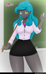 Size: 776x1232 | Tagged: safe, artist:clouddg, character:queen chrysalis, my little pony:equestria girls, spoiler:comic, clothing, equestria girls-ified, female, glasses, lipstick, reversalis, skirt, smiling, solo, tube skirt