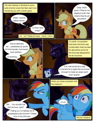 Size: 612x792 | Tagged: safe, artist:newbiespud, edit, edited screencap, screencap, character:applejack, character:rainbow dash, character:rarity, species:earth pony, species:pegasus, species:pony, species:unicorn, comic:friendship is dragons, armor, clothing, comic, dialogue, female, freckles, hat, looking up, mare, scared, screencap comic, statue, suspicious, worried