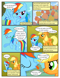 Size: 612x792 | Tagged: safe, artist:newbiespud, edit, edited screencap, screencap, character:applejack, character:rainbow dash, species:earth pony, species:pegasus, species:pony, comic:friendship is dragons, episode:fall weather friends, g4, my little pony: friendship is magic, angry, annoyed, clothing, comic, dialogue, eyes closed, female, flying, freckles, hat, mare, prone, screencap comic, tongue out, tree