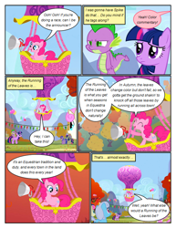 Size: 612x792 | Tagged: safe, artist:newbiespud, edit, edited screencap, screencap, character:bon bon, character:carrot top, character:golden harvest, character:linky, character:pinkie pie, character:sea swirl, character:shoeshine, character:spike, character:sweetie drops, character:twilight sparkle, character:twilight sparkle (unicorn), character:twinkleshine, species:dragon, species:earth pony, species:pegasus, species:pony, species:unicorn, comic:friendship is dragons, episode:fall weather friends, g4, my little pony: friendship is magic, background pony, balloon, comic, dialogue, eyes closed, female, flying, frown, grin, hot air balloon, looking down, looking up, male, mare, megaphone, riding, screencap comic, slit eyes, smiling, tree, unamused