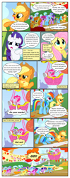 Size: 612x1552 | Tagged: safe, artist:newbiespud, edit, edited screencap, screencap, character:applejack, character:berry punch, character:berryshine, character:bon bon, character:carrot top, character:diamond mint, character:fluttershy, character:golden harvest, character:linky, character:lyra heartstrings, character:pinkie pie, character:rainbow dash, character:rarity, character:shoeshine, character:spike, character:sweetie drops, character:twilight sparkle, character:twilight sparkle (unicorn), species:dragon, species:earth pony, species:pegasus, species:pony, species:unicorn, comic:friendship is dragons, episode:fall weather friends, g4, my little pony: friendship is magic, background pony, background pony audience, banner, bipedal, bound wings, clothing, comic, dialogue, eyes closed, face down ass up, female, fountain, freckles, grin, hat, hot air balloon, looking up, male, mane seven, mane six, mare, megaphone, multeity, raised hoof, rope, running, running of the leaves, screencap comic, smiling, wings