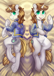 Size: 1200x1680 | Tagged: safe, artist:hobbes-maxwell, oc, oc only, oc:littlepip, species:pony, species:unicorn, fallout equestria, body pillow, body pillow design, bottle, butt, clothing, fanfic, fanfic art, female, grin, hooves, horn, human shoulders, lying down, mare, open mouth, pipbuck, plot, semi-anthro, smiling, solo, stable-tec, vault suit