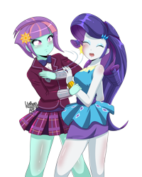 Size: 3999x5001 | Tagged: safe, artist:danmakuman, character:rarity, character:sunny flare, g4, my little pony: equestria girls, my little pony:equestria girls, abuse, angry, blushing, breasts, busty rarity, clothing, crystal prep academy uniform, duo, duo female, eyes closed, eyeshadow, female, legs, makeup, miniskirt, ouch, pleated skirt, raribuse, school uniform, simple background, skirt, slap, thighs, transparent background