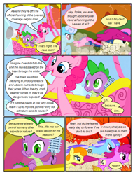 Size: 612x792 | Tagged: safe, artist:newbiespud, edit, edited screencap, screencap, character:berry punch, character:berryshine, character:carrot top, character:golden harvest, character:linky, character:minuette, character:pinkie pie, character:shoeshine, character:spike, species:dragon, species:pony, species:unicorn, comic:friendship is dragons, episode:fall weather friends, g4, my little pony: friendship is magic, background pony, comic, dialogue, female, flying, hot air balloon, looking down, male, mare, megaphone, microphone, running, running of the leaves, screencap comic, slit eyes