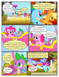 Size: 612x792 | Tagged: safe, artist:newbiespud, edit, edited screencap, screencap, character:applejack, character:berry punch, character:berryshine, character:bon bon, character:carrot top, character:diamond mint, character:golden harvest, character:linky, character:lyra heartstrings, character:pinkie pie, character:rainbow dash, character:shoeshine, character:spike, character:sweetie drops, species:dragon, species:earth pony, species:pegasus, species:pony, species:unicorn, comic:friendship is dragons, episode:fall weather friends, g4, my little pony: friendship is magic, background pony, clothing, comic, dialogue, female, flying, grin, hat, hot air balloon, male, mare, megaphone, microphone, multeity, running, running of the leaves, screencap comic, slit eyes, smiling, worried