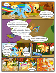 Size: 612x792 | Tagged: safe, artist:newbiespud, edit, edited screencap, screencap, character:applejack, character:bon bon, character:lemon hearts, character:linky, character:lyra heartstrings, character:rainbow dash, character:shoeshine, character:spike, character:sweetie drops, species:dragon, species:earth pony, species:pegasus, species:pony, species:unicorn, comic:friendship is dragons, episode:fall weather friends, g4, my little pony: friendship is magic, angry, background pony, bound wings, clothing, comic, dialogue, eyes closed, faceplant, female, freckles, hat, hot air balloon, leaves, looking back, looking down, male, mare, microphone, onomatopoeia, rope, running, running of the leaves, screencap comic, tripping, wings
