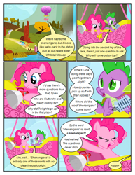 Size: 612x792 | Tagged: safe, artist:newbiespud, edit, edited screencap, screencap, character:pinkie pie, character:spike, species:dragon, species:earth pony, species:pony, comic:friendship is dragons, episode:fall weather friends, g4, my little pony: friendship is magic, comic, dialogue, eyes closed, female, flying, hot air balloon, looking down, male, mare, megaphone, microphone, screencap comic, slit eyes, tree, worried