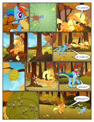 Size: 612x792 | Tagged: safe, artist:newbiespud, edit, edited screencap, screencap, character:applejack, character:rainbow dash, species:earth pony, species:pegasus, species:pony, comic:friendship is dragons, episode:fall weather friends, g4, my little pony: friendship is magic, annoyed, bee, beehive, bound wings, bucking, clothing, comic, dialogue, female, freckles, hat, mare, mouth hold, rope, running, running of the leaves, screencap comic, speech bubble, swarm, wings
