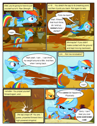 Size: 612x792 | Tagged: safe, artist:newbiespud, edit, edited screencap, screencap, character:applejack, character:rainbow dash, species:earth pony, species:pegasus, species:pony, comic:friendship is dragons, episode:fall weather friends, g4, my little pony: friendship is magic, annoyed, bound wings, clothing, comic, dialogue, eyes closed, female, flying, freckles, grin, hat, mare, rope, running, running of the leaves, screencap comic, smiling, stuck, tree sap, wings