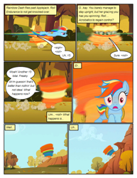 Size: 612x792 | Tagged: safe, artist:newbiespud, edit, edited screencap, screencap, character:applejack, character:rainbow dash, species:earth pony, species:pegasus, species:pony, comic:friendship is dragons, episode:fall weather friends, g4, my little pony: friendship is magic, bound wings, clothing, comic, d:, dialogue, female, flying, hat, mare, motion blur, mountain, open mouth, rope, running, running of the leaves, screencap comic, surprised, tornado, wide eyes, wings