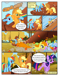 Size: 612x792 | Tagged: safe, artist:newbiespud, edit, edited screencap, screencap, character:applejack, character:berry punch, character:berryshine, character:carrot top, character:daisy, character:golden harvest, character:lemon hearts, character:linky, character:rainbow dash, character:shoeshine, character:twilight sparkle, character:twilight sparkle (unicorn), species:earth pony, species:pegasus, species:pony, species:unicorn, comic:friendship is dragons, episode:fall weather friends, g4, my little pony: friendship is magic, background pony, bound wings, cliff, clothing, comic, dialogue, dizzy, female, freckles, grin, hat, mare, onomatopoeia, rope, running, screencap comic, smiling, wings, worried