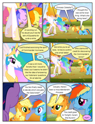 Size: 612x792 | Tagged: safe, artist:newbiespud, edit, edited screencap, screencap, character:applejack, character:carrot top, character:dizzy twister, character:golden harvest, character:orange swirl, character:princess celestia, character:rainbow dash, character:sea swirl, character:twilight sparkle, character:twilight sparkle (unicorn), character:twinkleshine, species:alicorn, species:earth pony, species:pegasus, species:pony, species:unicorn, comic:friendship is dragons, episode:fall weather friends, g4, my little pony: friendship is magic, big crown thingy, bowing, clothing, comic, dialogue, ethereal mane, eyes closed, female, freckles, hat, hoof shoes, injured, jewelry, mare, messy mane, peytral, regalia, screencap comic